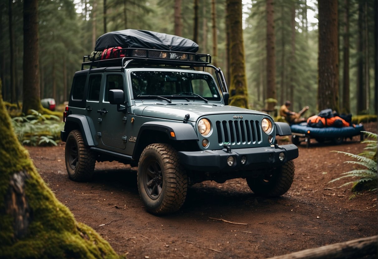 A jeep parked in a secluded forest clearing, with camping gear and accessories scattered around. A jeep camping tent is set up next to the vehicle