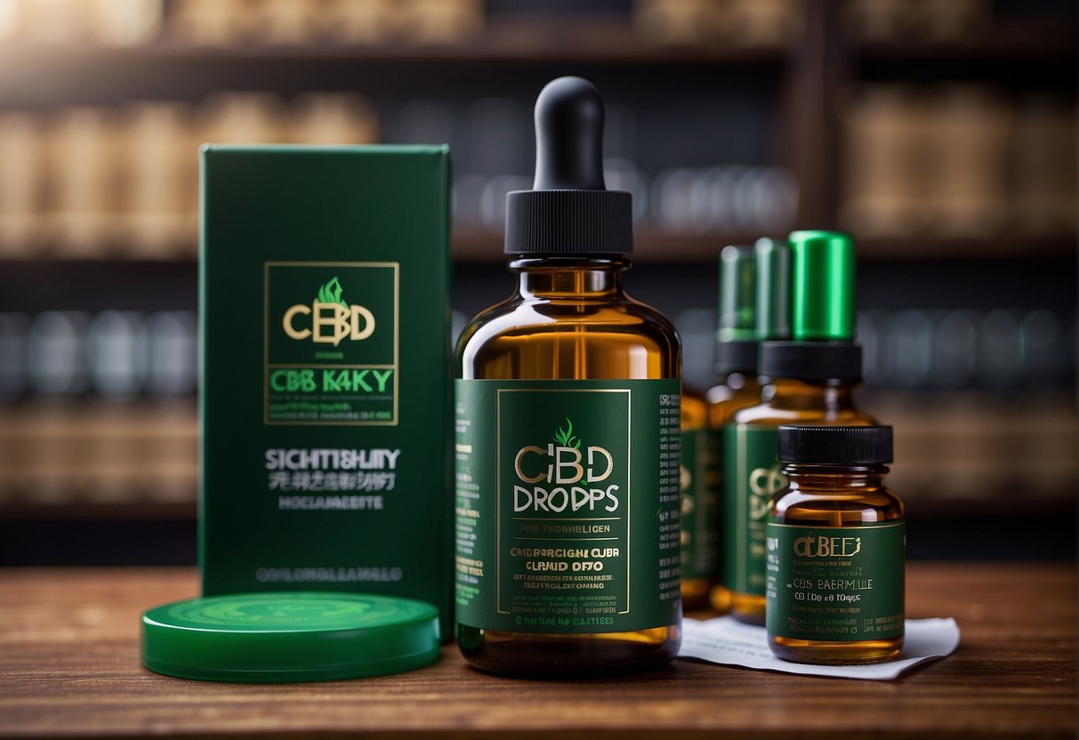 A bottle of CBD drops sits on a shelf, surrounded by legal documents and regulatory guidelines. The label prominently displays "CBD kapky" in bold lettering