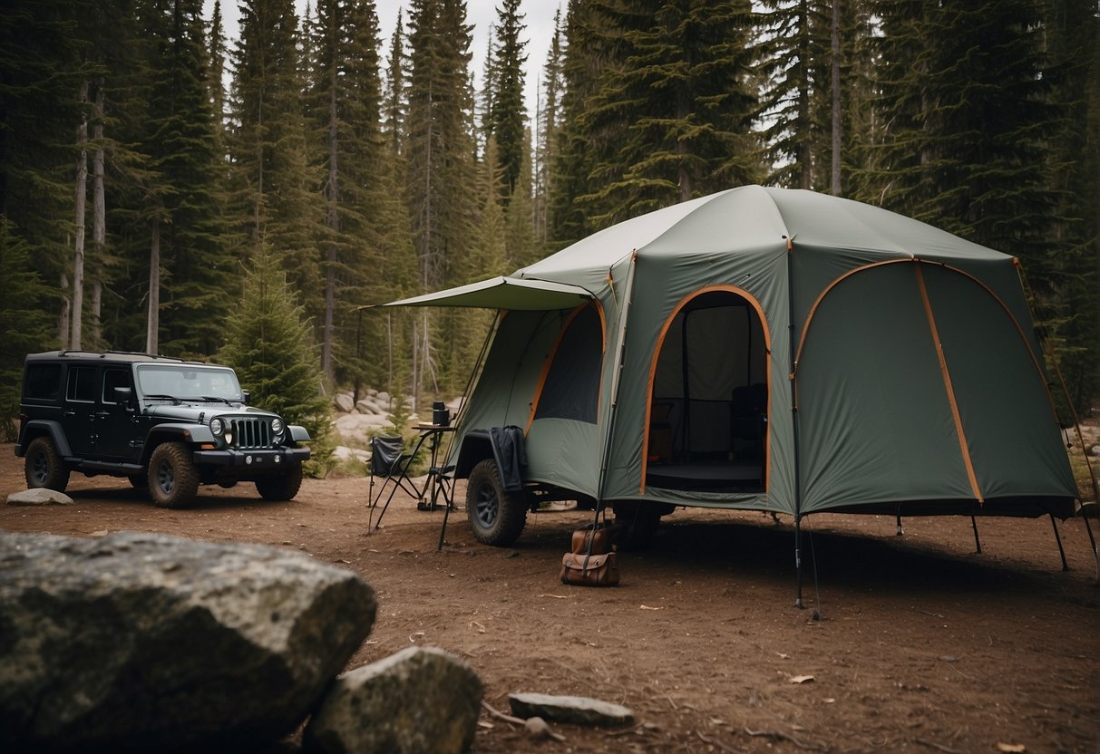 A jeep parked in a scenic wilderness setting with a camping tent being set up next to it, as illustrated in the installation and setup guides