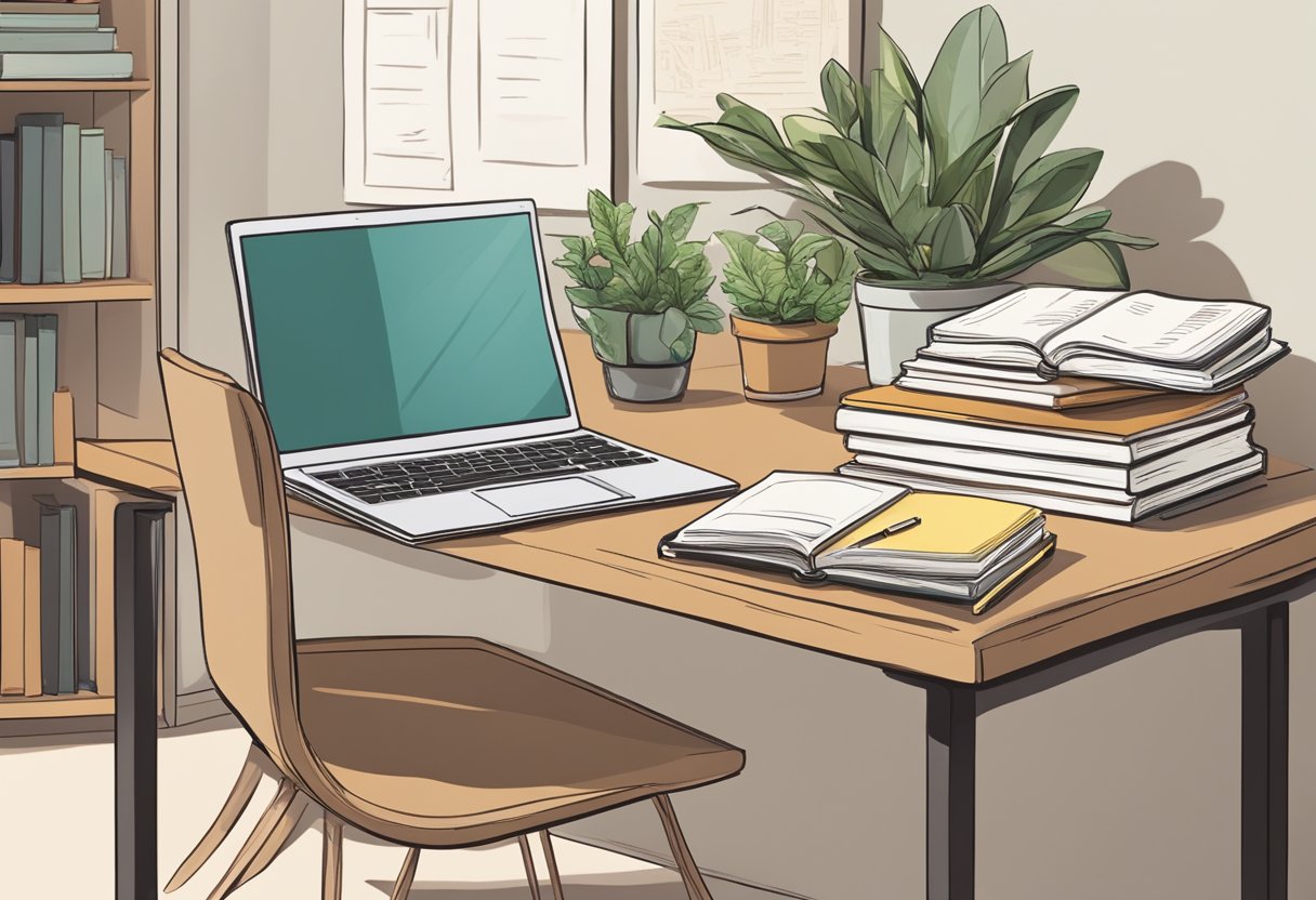 A desk with a laptop, journal, and pen. A stack of books on one side and a plant on the other. A framed quote on the wall