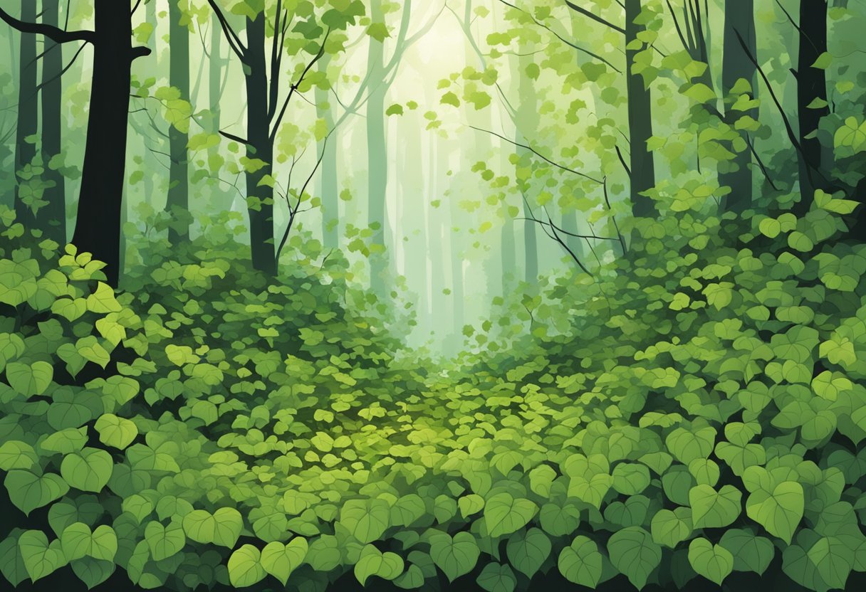 A dense forest floor with vibrant green poison ivy leaves and black spots scattered throughout