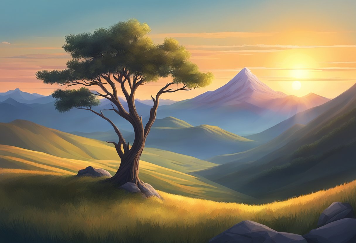 A serene mountain peak with a lone tree, overlooking a vast landscape, with the sun setting in the distance