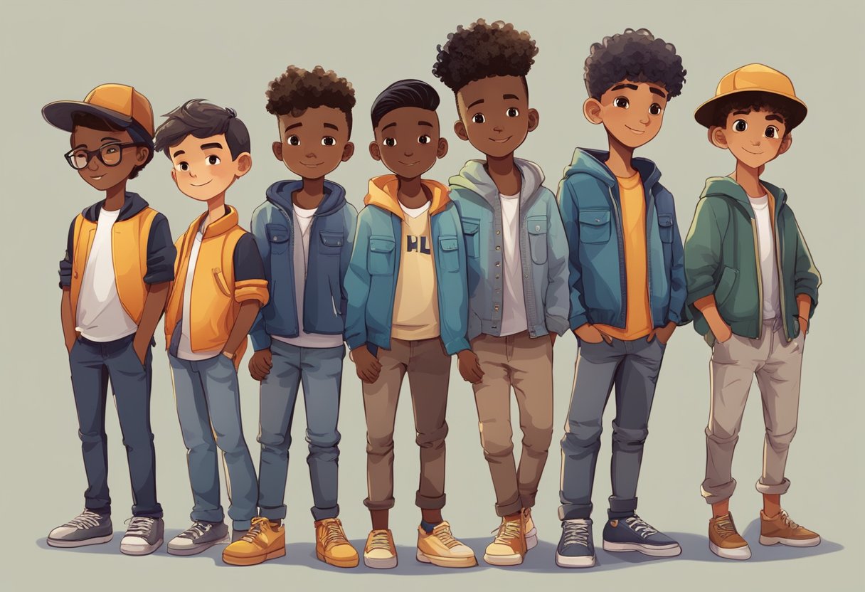A diverse group of boys, each with unique styles and personalities, stand confidently together, celebrating their individuality