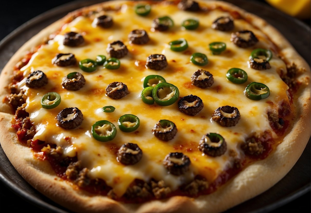 A sizzling hot pizza emerges from the oven, topped with savory ground beef, spicy jalapenos, and a generous layer of gooey melted cheese. The crust is perfectly golden and crispy, ready to be devoured