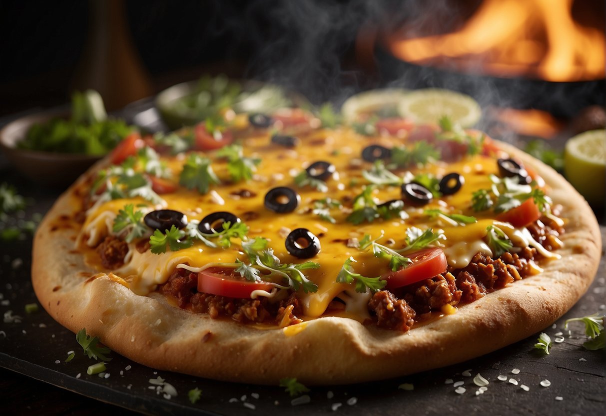 A sizzling taco pizza emerges from the oven, golden and bubbling, with a perfect blend of cheese, seasoned meat, and fresh toppings