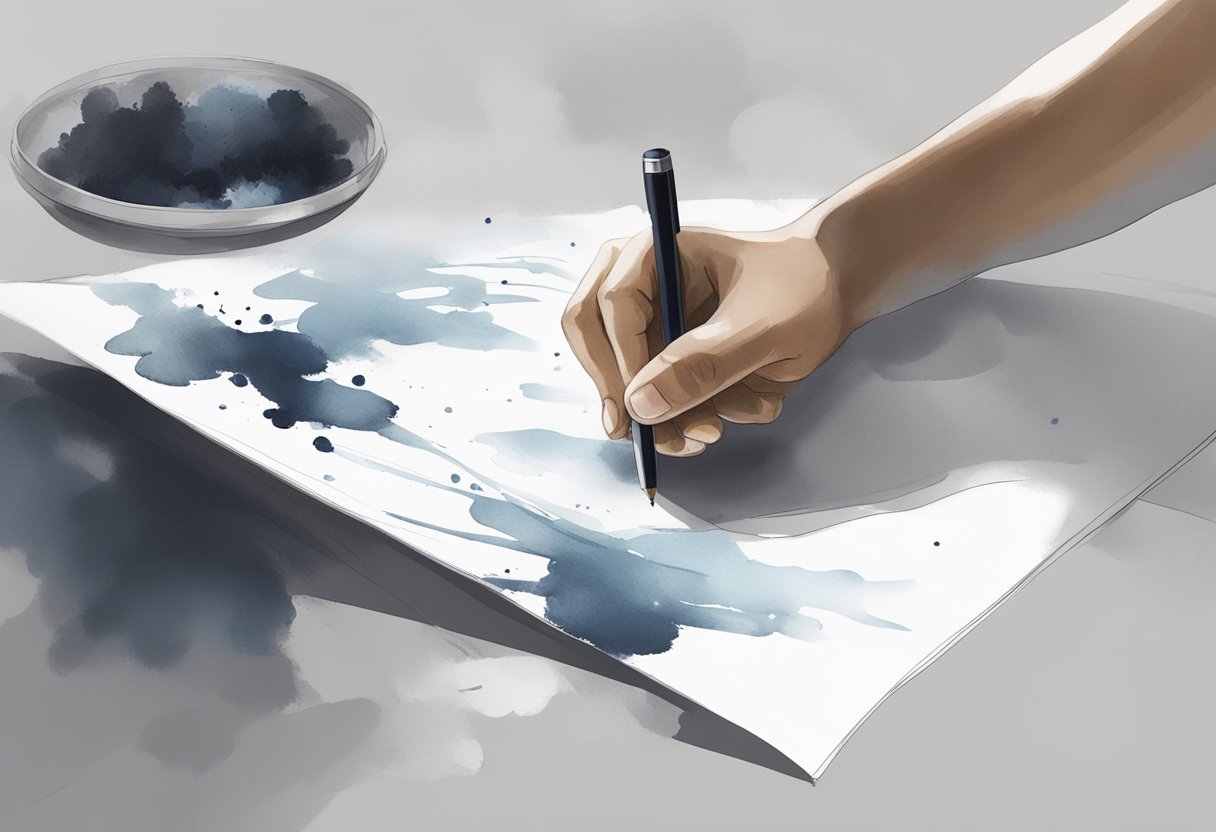 A table with a white sheet, scattered ink blots, and a person's hand holding a pen