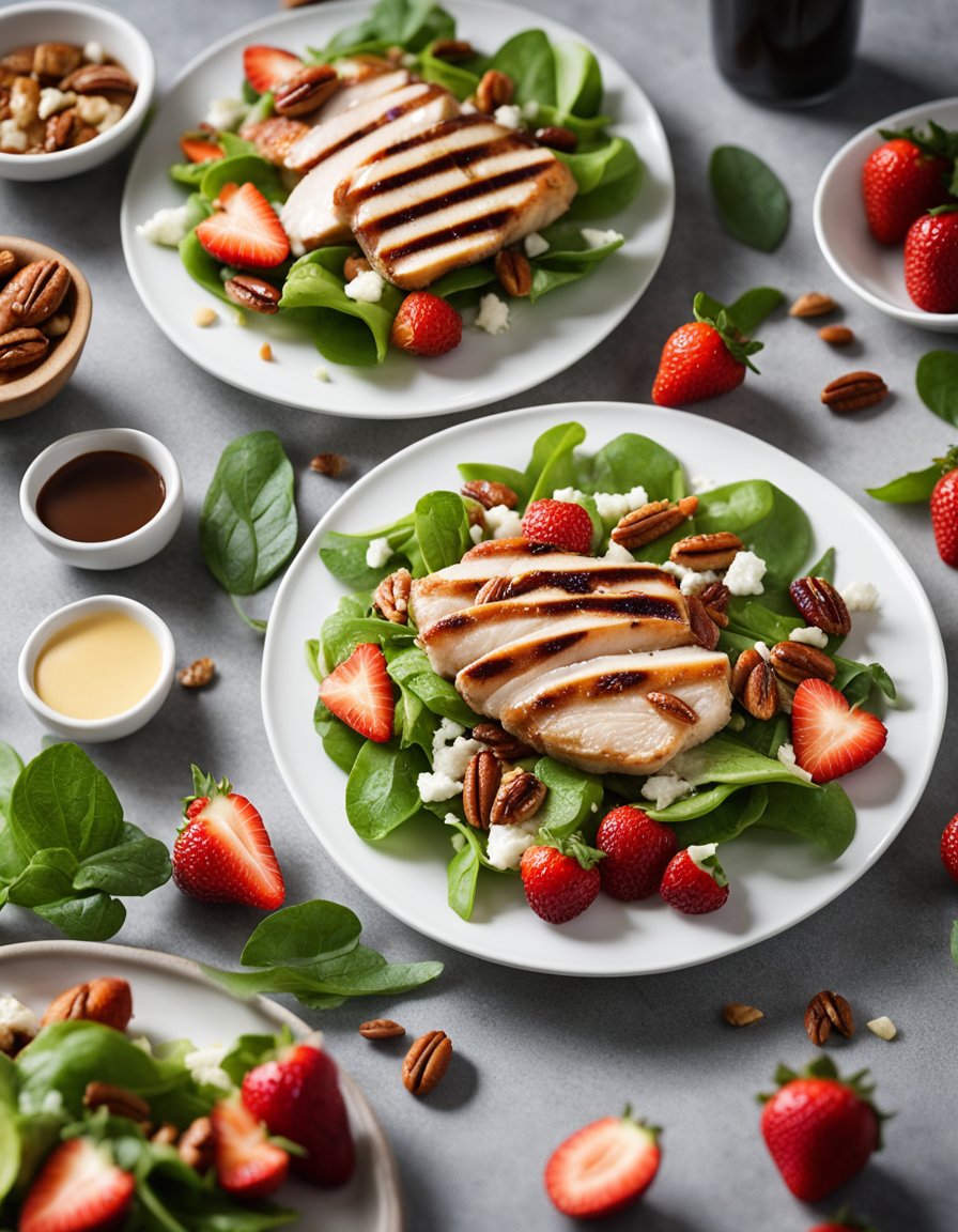 A colorful salad with grilled chicken, strawberries, and pecans, drizzled with pecan butter vinaigrette, served on a white plate