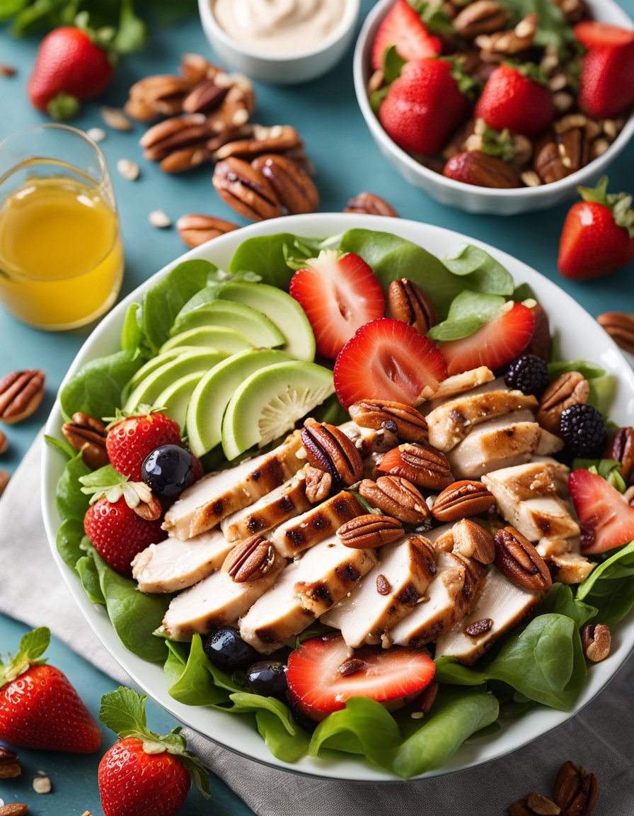 A colorful salad bowl with grilled chicken, fresh strawberries, and pecans, drizzled with pecan butter vinaigrette