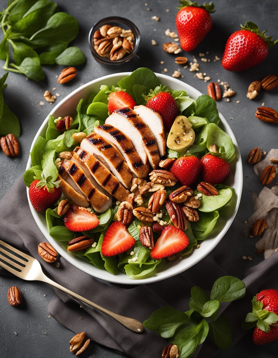 A colorful salad bowl with grilled chicken, fresh strawberries, and pecans drizzled with pecan butter vinaigrette