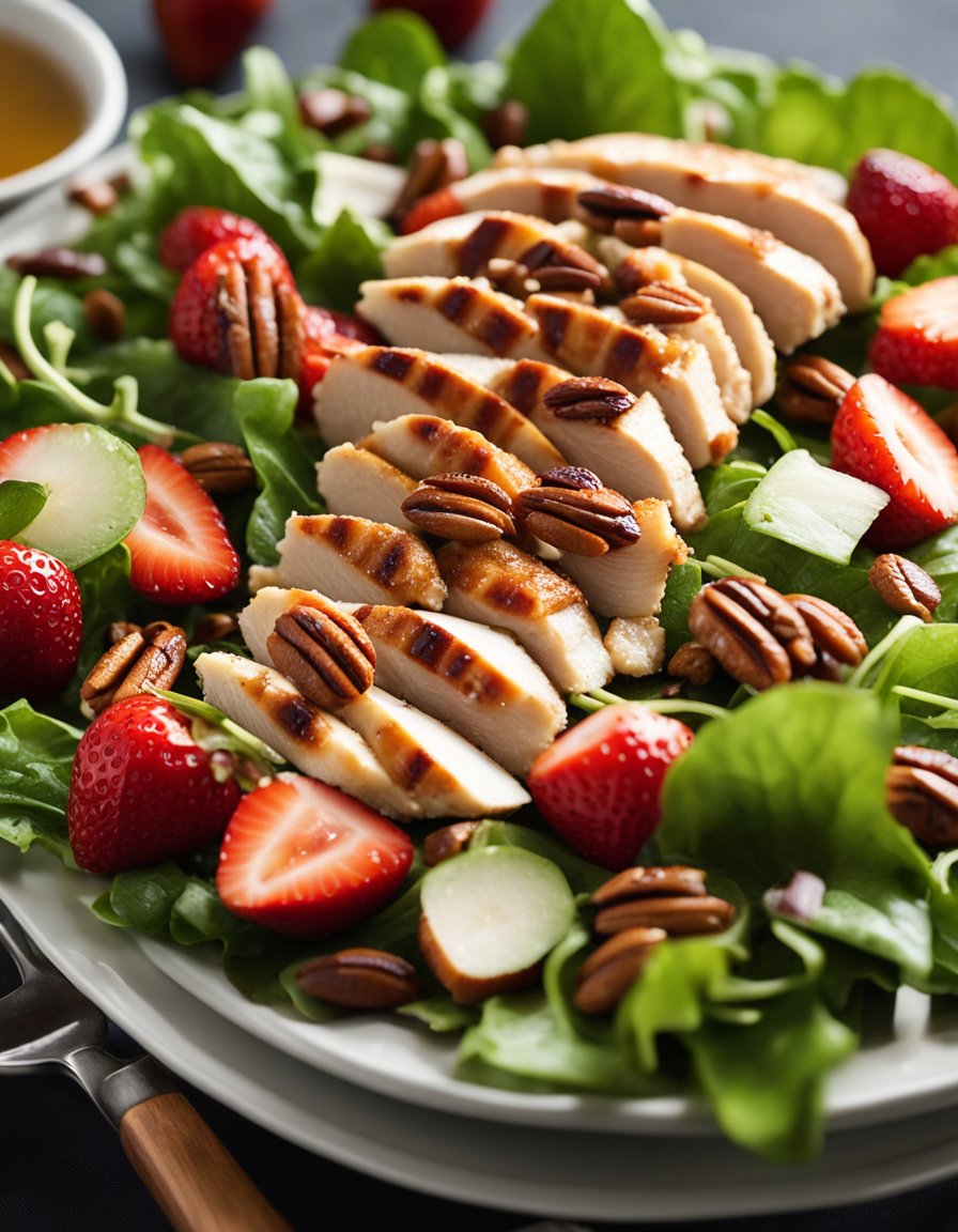 Fresh strawberries, pecans, and grilled chicken arranged on a bed of mixed greens. Vinaigrette being drizzled over the salad