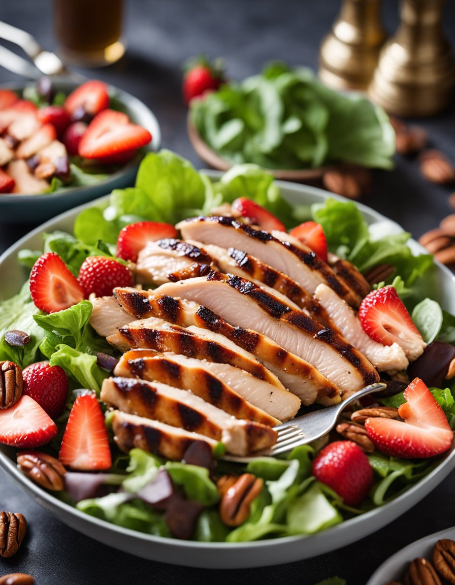 A colorful salad bowl with grilled chicken, strawberries, and pecans drizzled with pecan butter vinaigrette