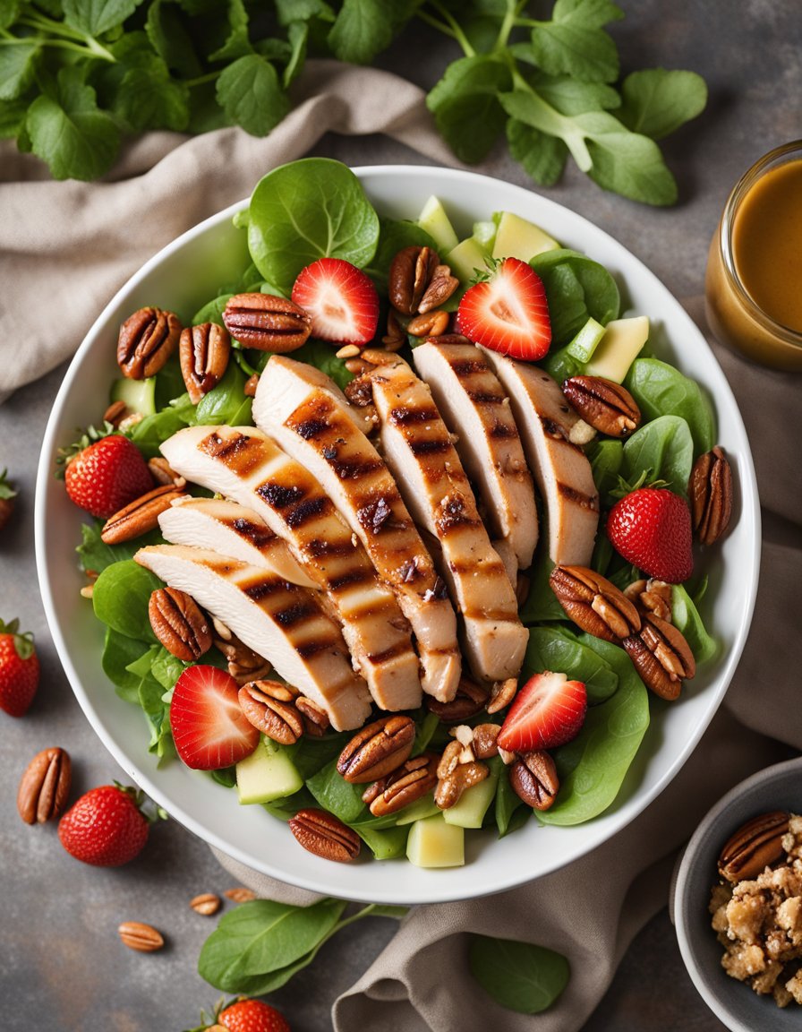 A colorful salad bowl with grilled chicken, strawberries, and pecans, drizzled with pecan butter vinaigrette, set against a rustic backdrop