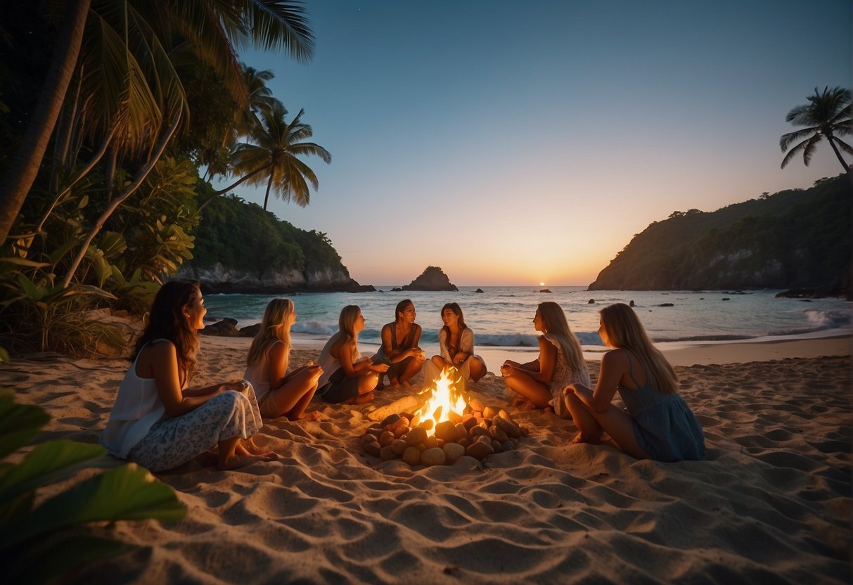A group of women enjoy a beach bonfire at a secluded cove, surrounded by lush tropical foliage and colorful lanterns. The sound of waves crashing in the background adds to the relaxed and carefree atmosphere