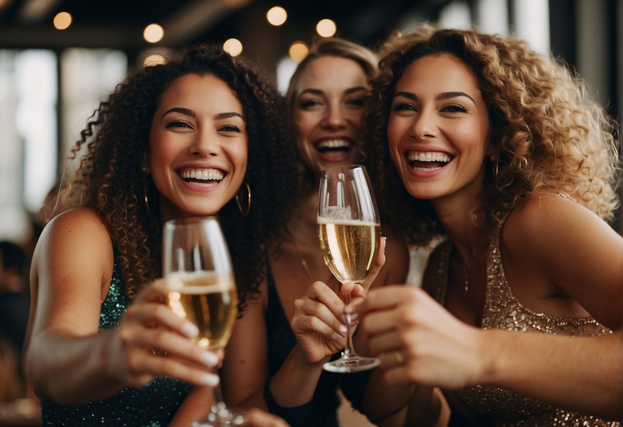 A group of women laughing and toasting with champagne in a trendy yet affordable bachelorette party destination