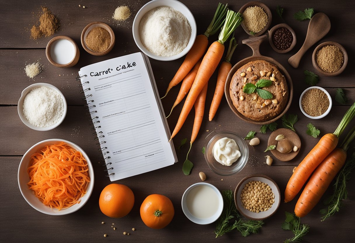 A kitchen counter with ingredients and utensils for making carrot cake. Recipe book open to "5 receitas rápidas de bolo de cenoura" with a carrot and cake slices as decoration