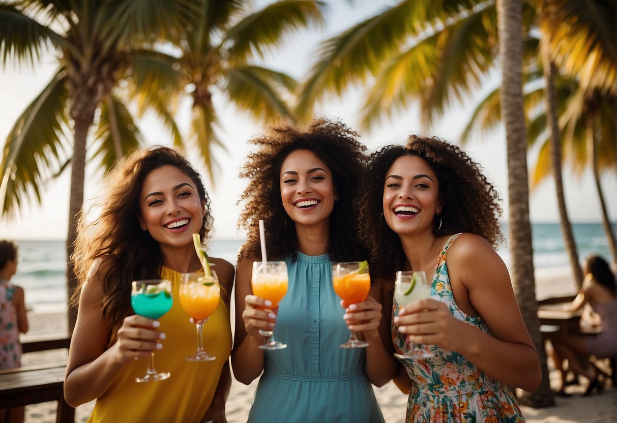 A group of women laughing and toasting with colorful cocktails at a tropical beach bar, surrounded by palm trees and the sound of ocean waves