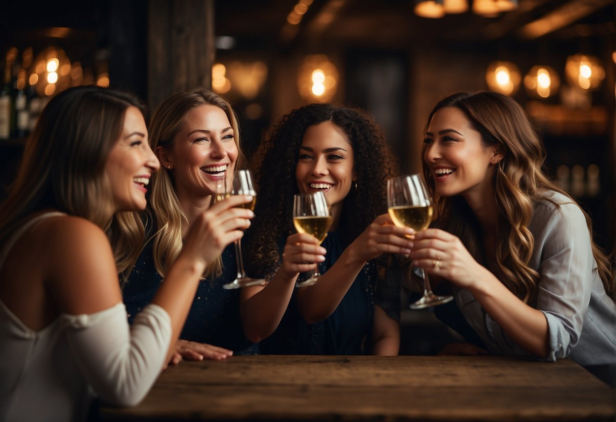 A group of women laughing and toasting with drinks at a cozy, intimate wine bar. The dim lighting and rustic decor create a warm and inviting atmosphere, perfect for a bachelorette party celebration