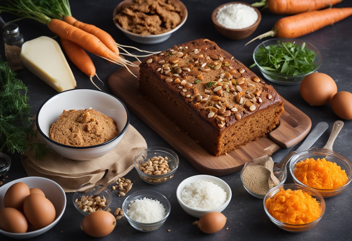 A table with ingredients and utensils for making carrot cake