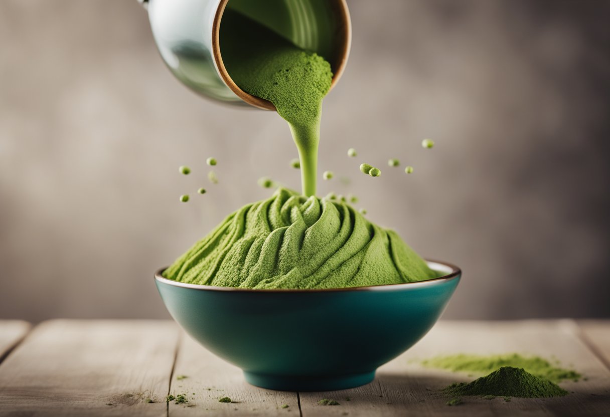 A bamboo whisk swirls in a bowl of vibrant green matcha powder and hot water, creating a smooth and frothy mixture. A stream of creamy milk is poured into the bowl, blending with the matcha to create a perfect latte