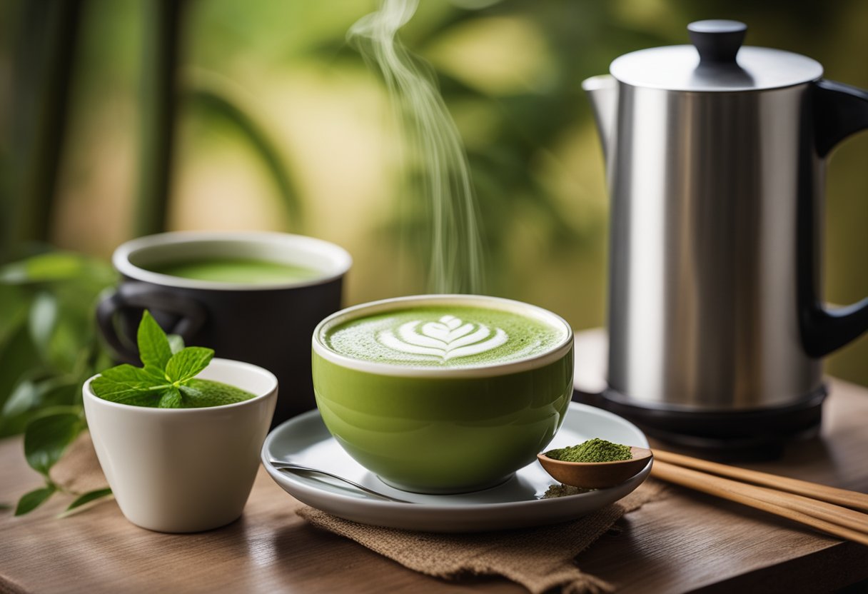 A bamboo whisk, matcha powder, milk, and a small pot on a stove. A frothy green latte in a ceramic mug on a wooden table