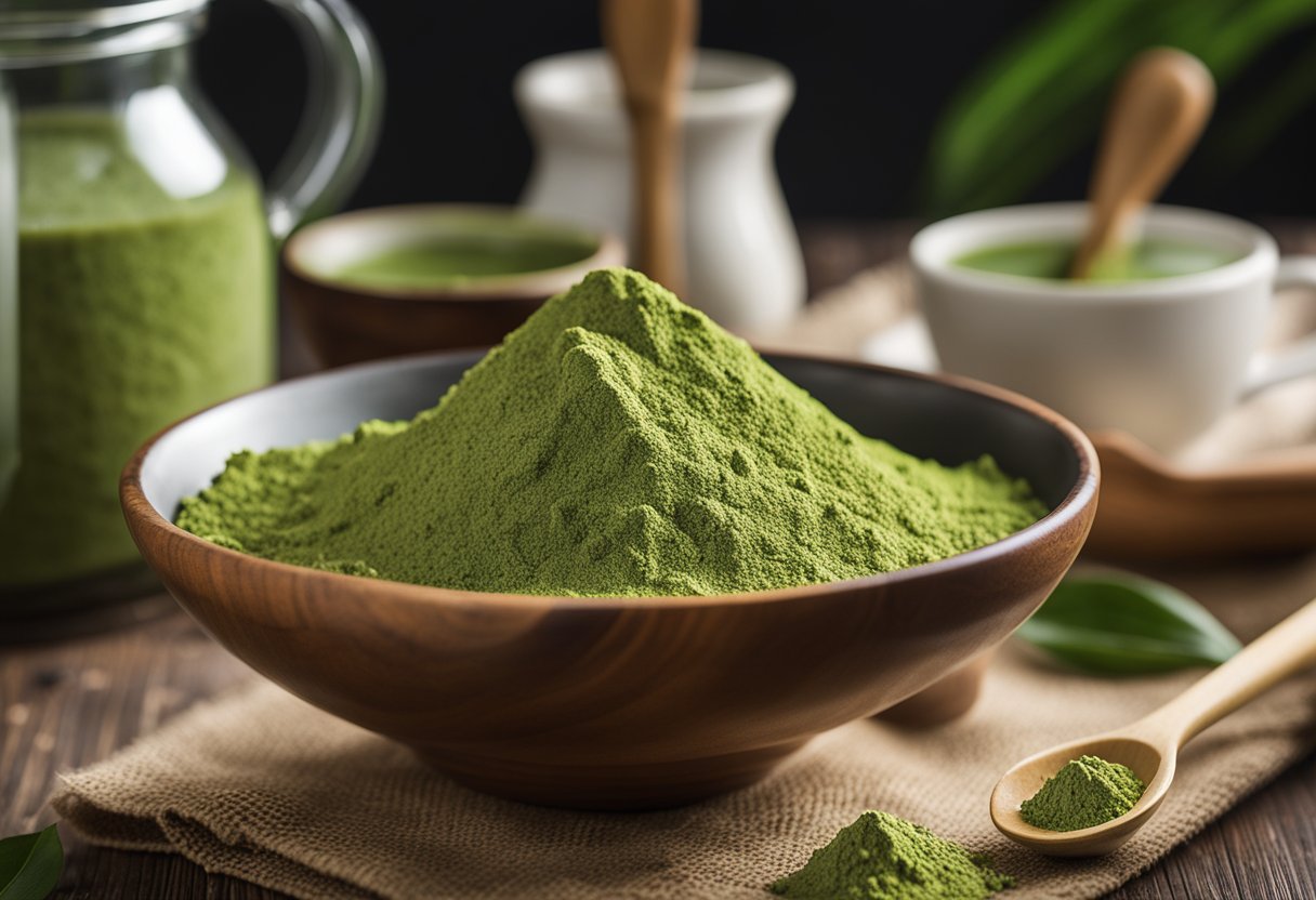 A hand reaches for a bowl of matcha powder next to a jug of milk. A whisk and a mug sit beside a bamboo scoop