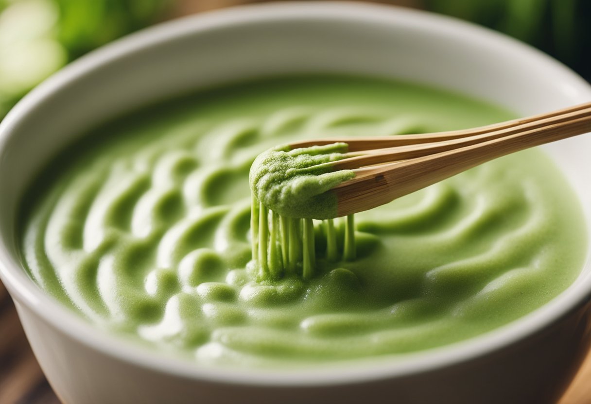 A bamboo whisk stirs green matcha powder into steaming milk in a ceramic mug. A sprinkle of matcha dusts the frothy surface