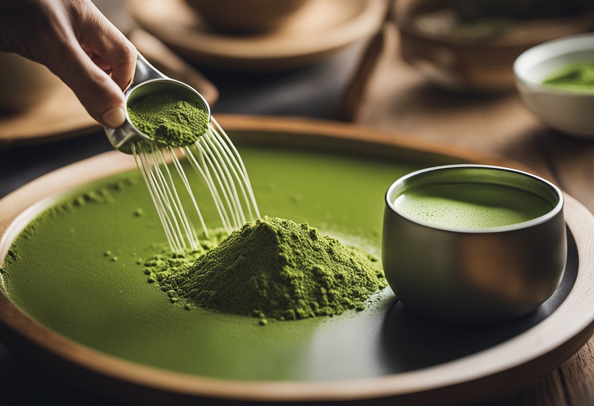 A hand reaches for a matcha powder tin, a milk pitcher, and a whisk. A steaming cup of matcha latte sits on a wooden table