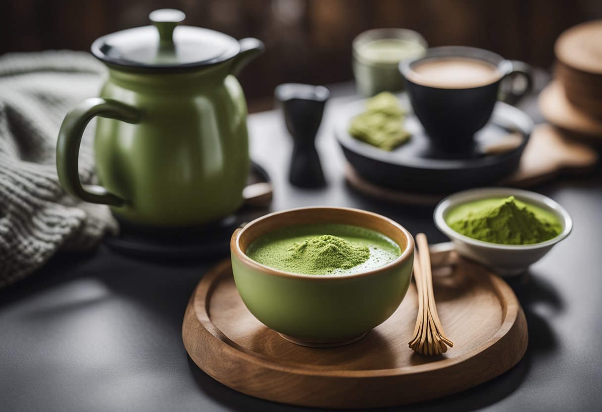 A cozy kitchen with a marble countertop, a bamboo whisk, a small bowl of vibrant green matcha powder, a frothing pitcher, and a steaming mug of perfect matcha latte