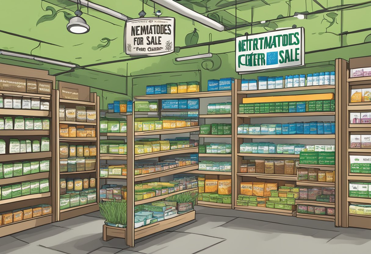A sign outside a garden center reads "Nematodes for Sale." Shelves display various packages of nematodes with instructions for use