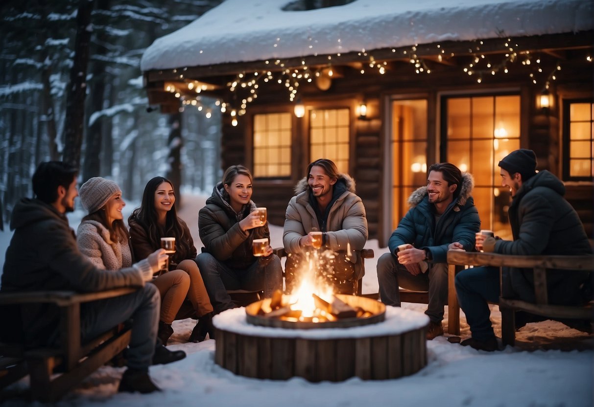 A cozy cabin with twinkling lights, a crackling fire, and snow-covered trees. A group of friends laughing and toasting with hot cocoa and champagne