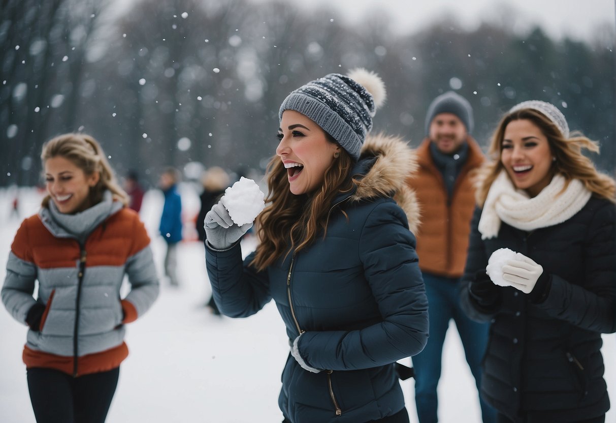 People ice skating, snow tubing, and having a snowball fight at a winter bachelorette party