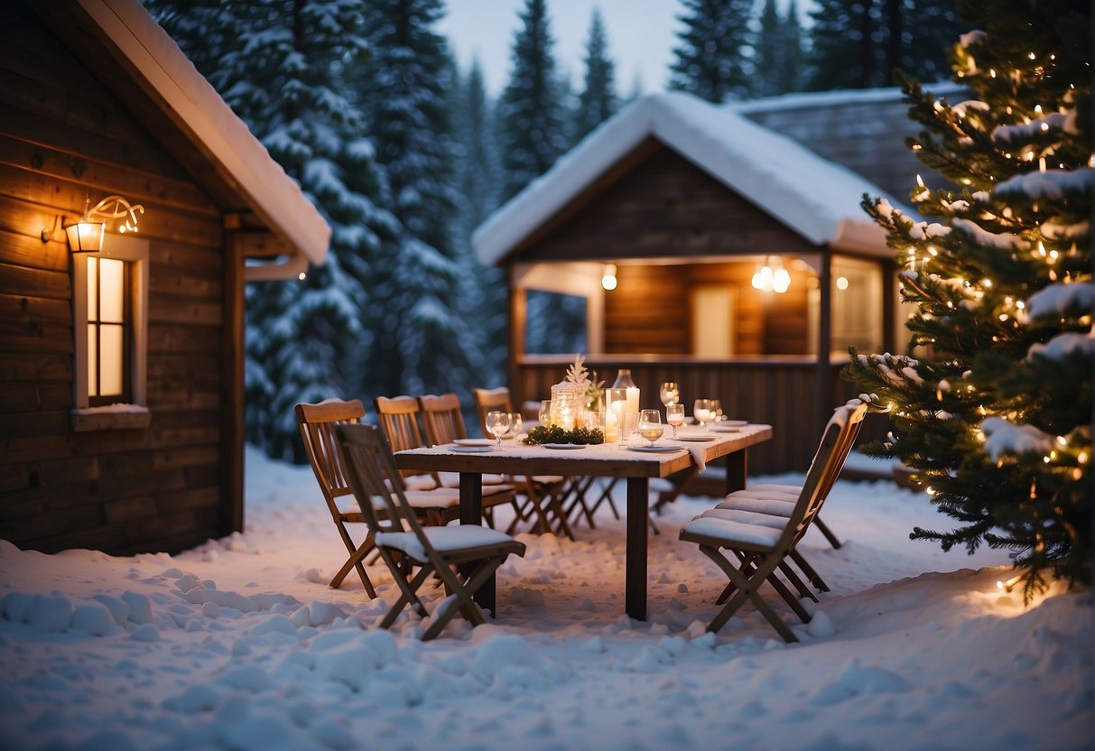 A cozy cabin adorned with twinkling lights and a crackling fire, surrounded by snow-covered trees. A table set with festive decorations and champagne flutes, ready for a bachelorette celebration