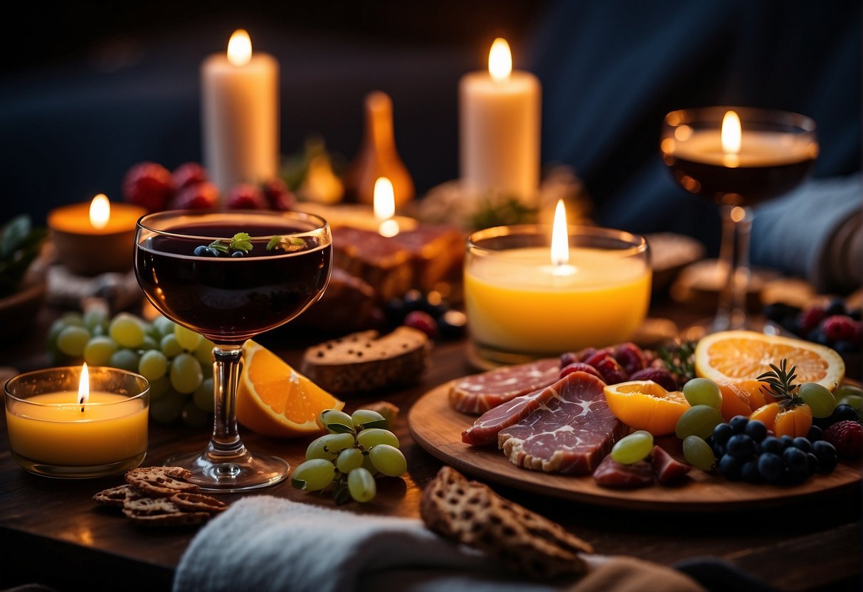 A table adorned with festive cocktails, charcuterie boards, and warm appetizers, surrounded by cozy blankets and flickering candles