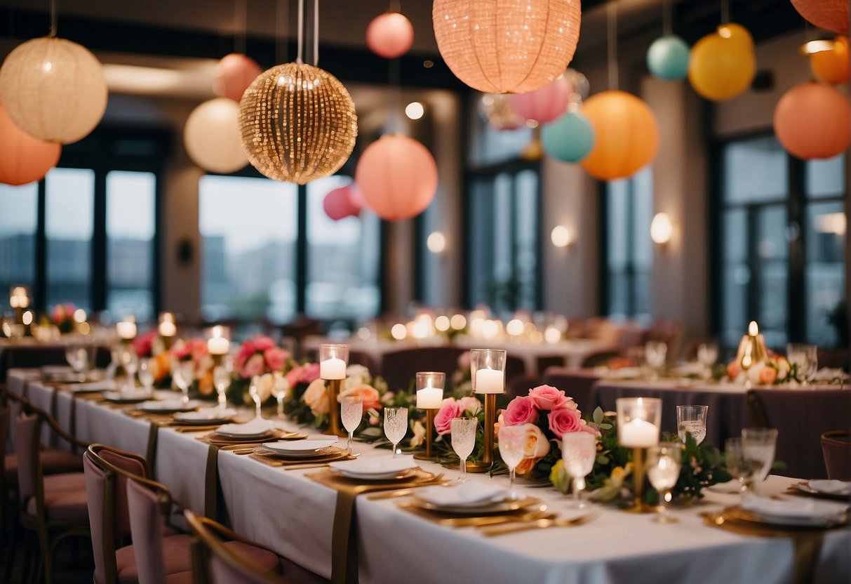 Colorful decorations adorn a chic venue with elegant and modern touches, creating a vibrant atmosphere for a bachelorette party