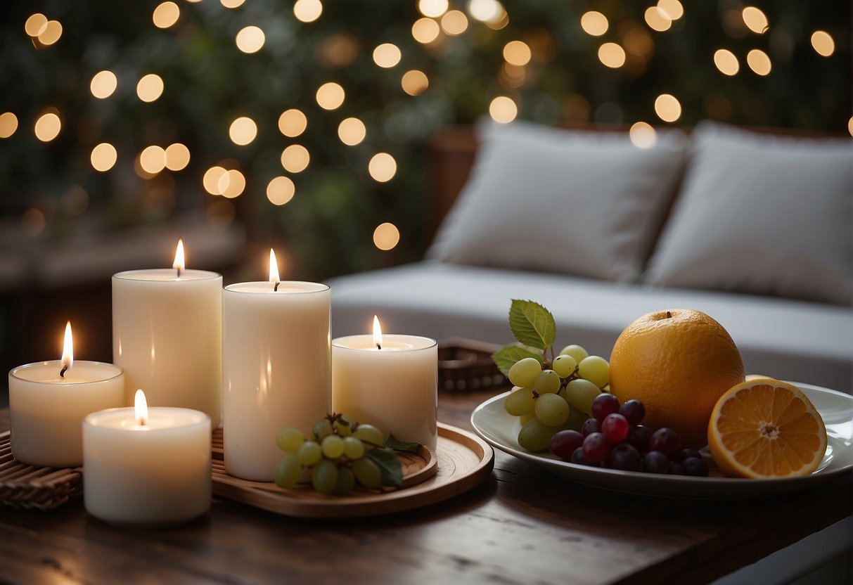 A serene spa setting with candles, soft lighting, and soothing music. A table with champagne and fruit, surrounded by comfortable seating and fluffy robes