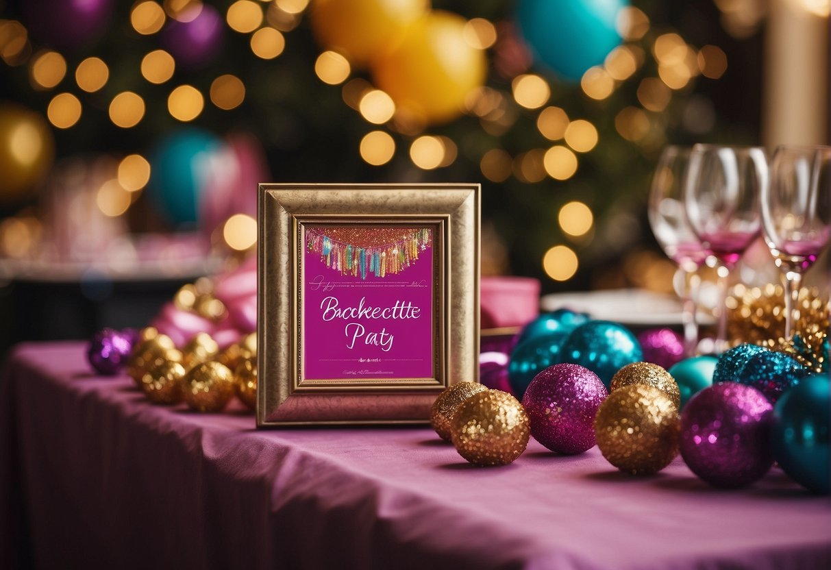 Colorful props, sparkly decorations, and fun accessories scattered on a table, with a "Bachelorette Party" banner hanging in the background