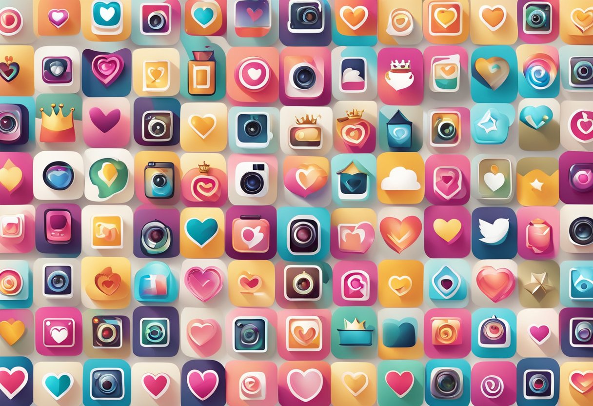 A colorful array of Instagram icons and symbols, including hearts, crowns, and stars, arranged in a trendy and stylish composition