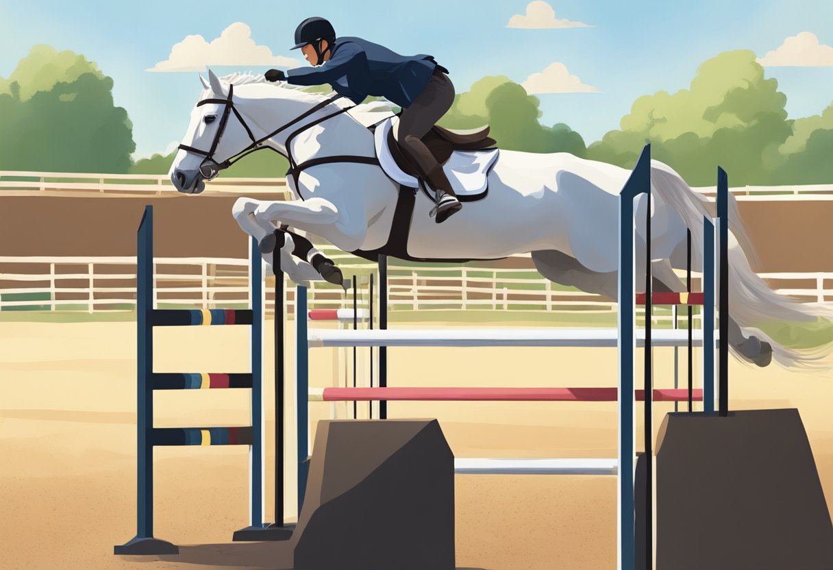 A rider guides a horse through a series of jumps in a sunlit arena