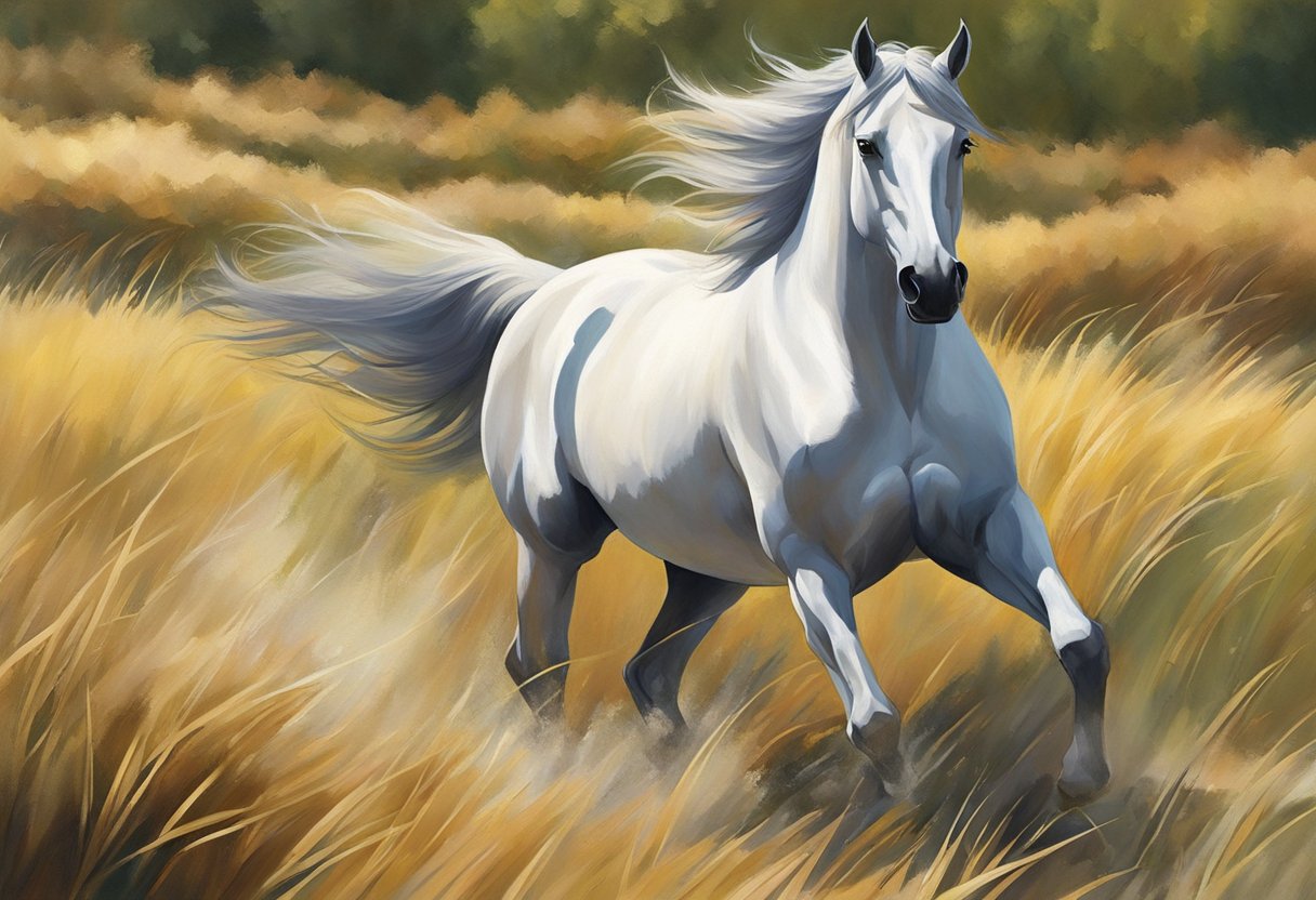 A rider confidently guides a horse through a lush, open field, basking in the warmth of the sun. The horse's powerful muscles ripple beneath its sleek coat as it moves gracefully