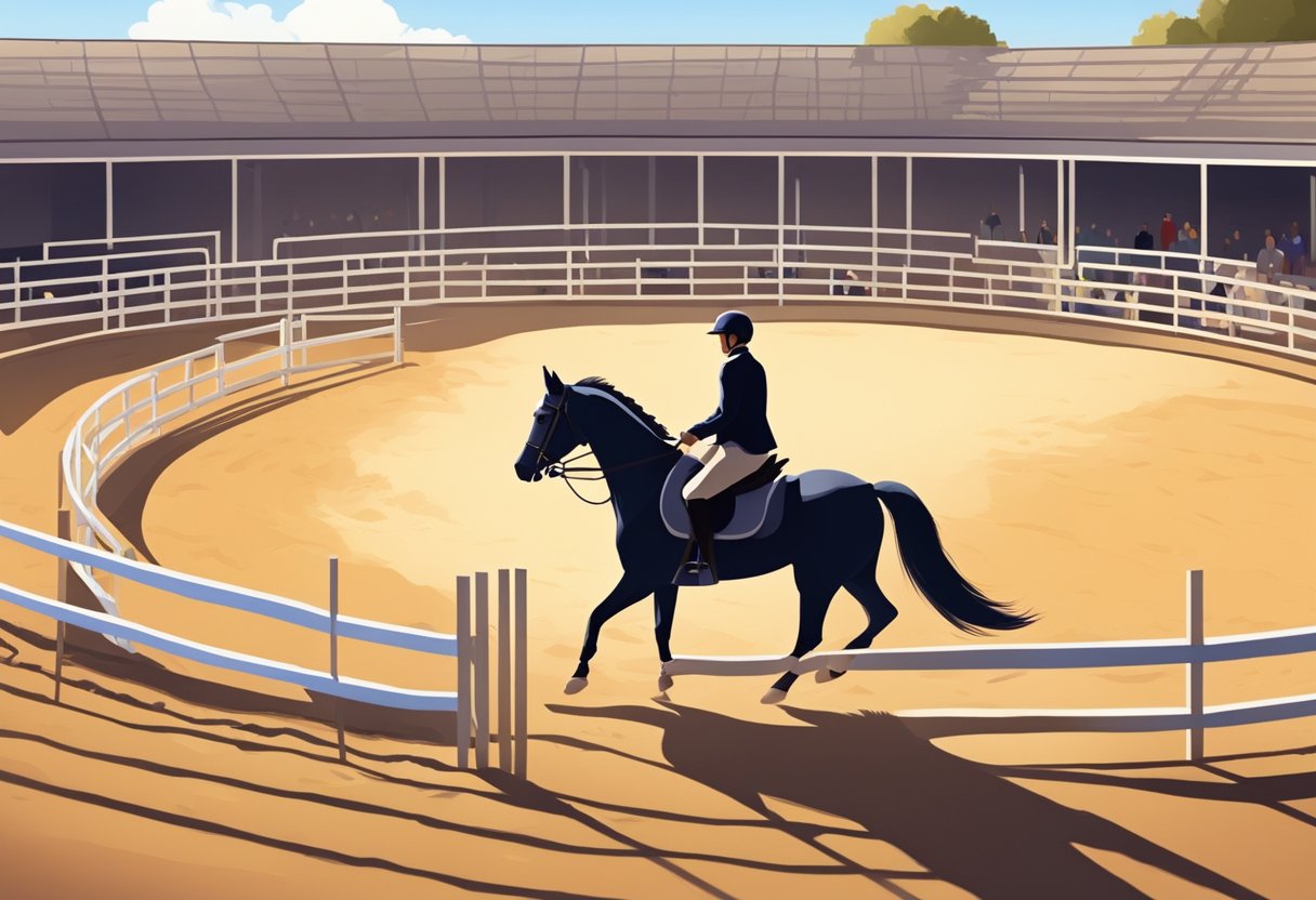 A rider guides a horse through a series of jumps in a spacious outdoor arena. The sun shines down, casting long shadows across the sandy ground