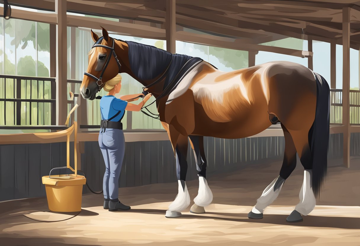 A horse being groomed and saddled for a riding lesson in a sunny Orlando stable