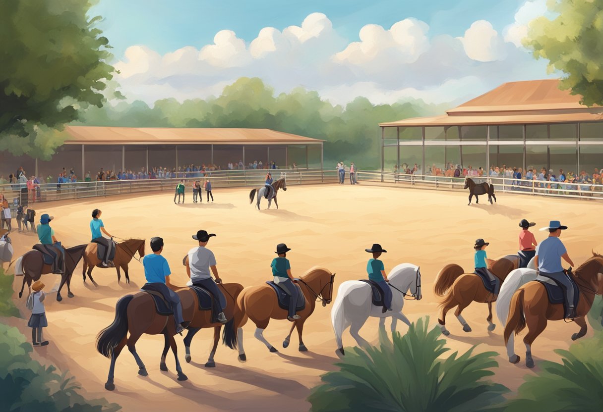 Children learning horseback riding in Orlando, with instructors guiding them through various exercises in a spacious outdoor arena