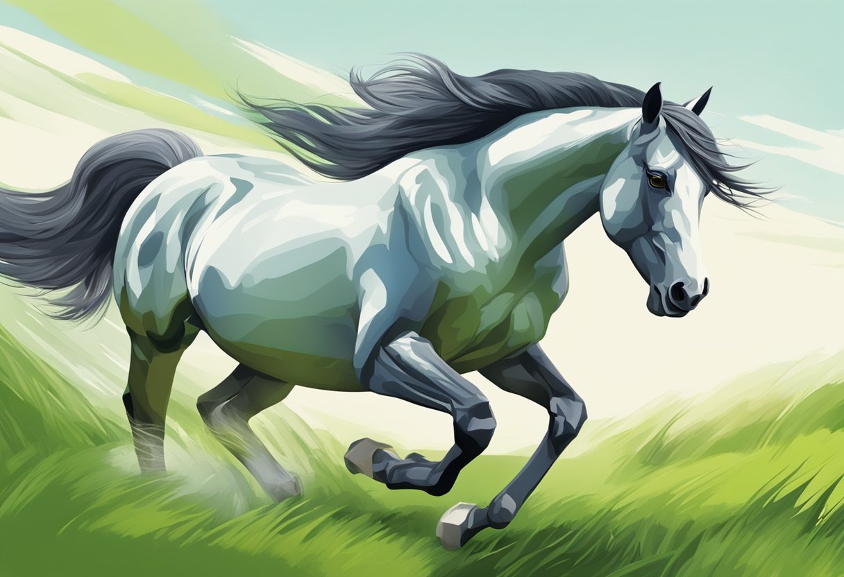 A horse gallops freely in a lush green pasture, its mane flowing in the wind as it gracefully moves through the open space