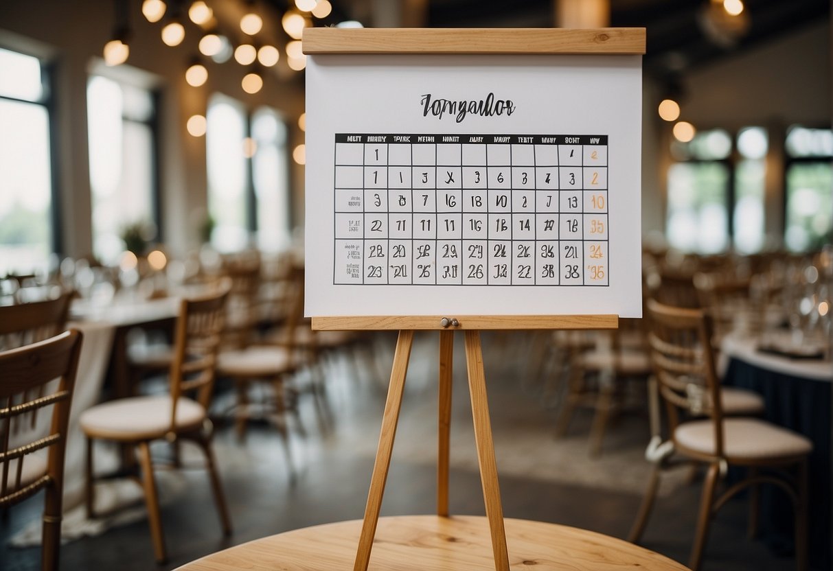 A calendar with a circle around the wedding date, a blank venue space with tables and chairs, and a checklist of planning tasks