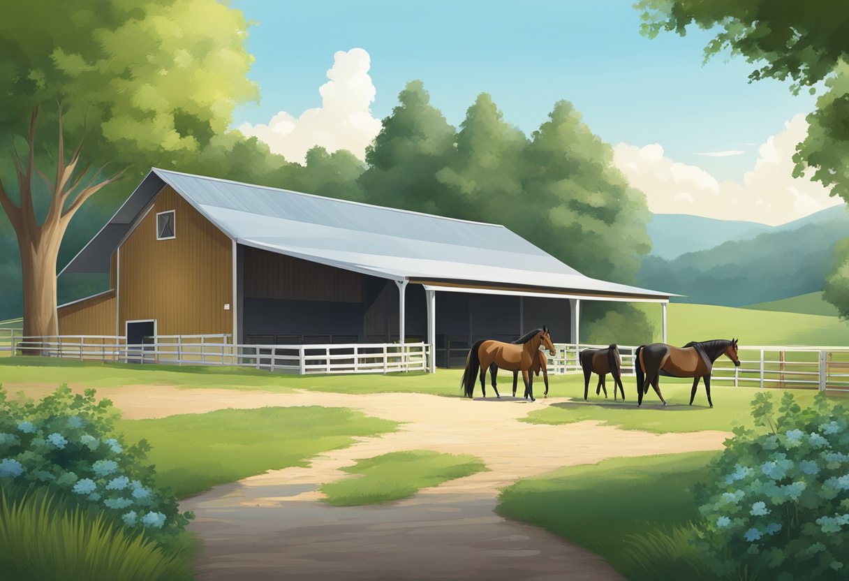 A serene stable with horses grazing, surrounded by lush greenery and a clear blue sky, with a riding arena and barn in the background