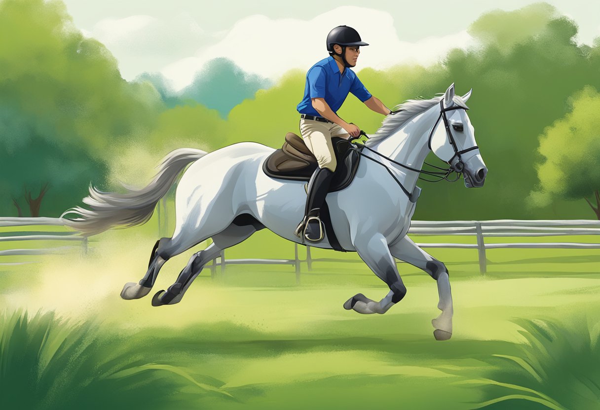 A rider gallops through a lush green pasture, guided by an instructor from Get in Touch horseback riding lessons in Orlando