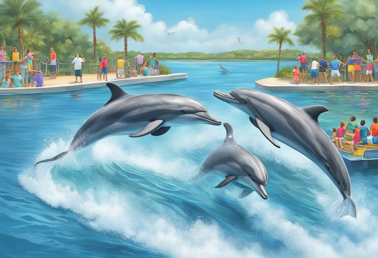 Dolphins leap and play in the crystal blue waters off the coast of Orlando, surrounded by excited onlookers on a dolphin watching tour