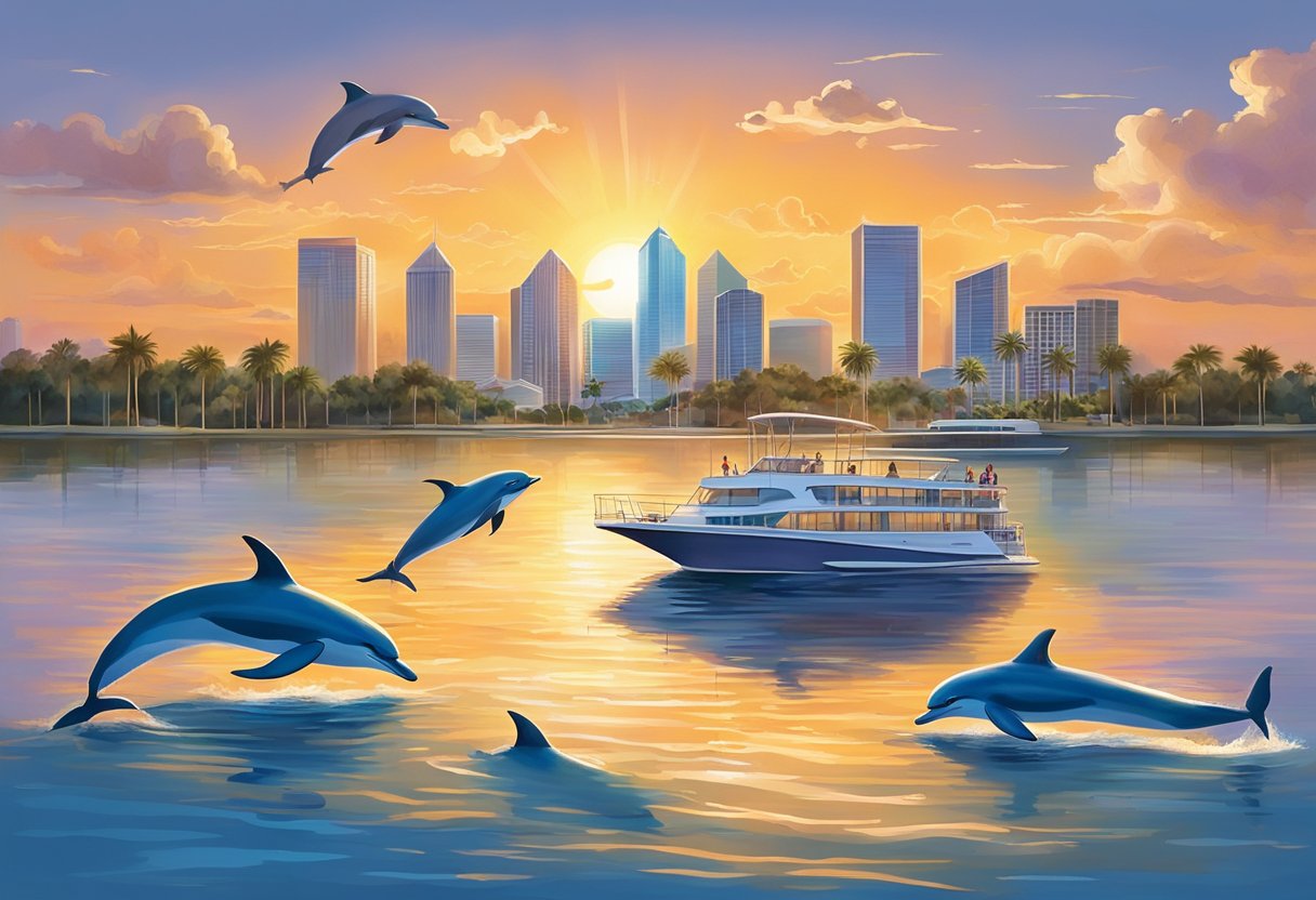 Tour boats sail on calm waters, surrounded by playful dolphins. The sun sets behind the Orlando skyline, casting a warm glow over the scene