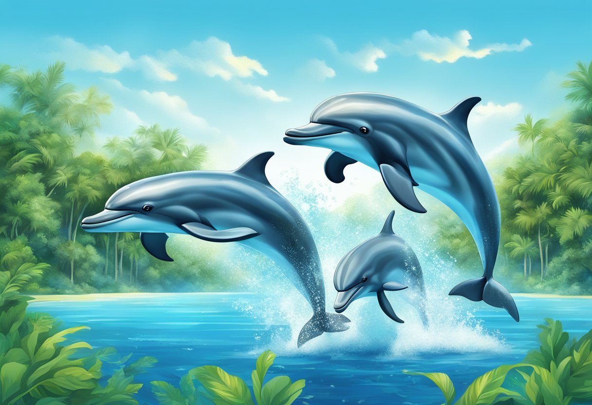 A group of dolphins leaps out of the sparkling blue water, surrounded by a backdrop of lush greenery and a clear blue sky