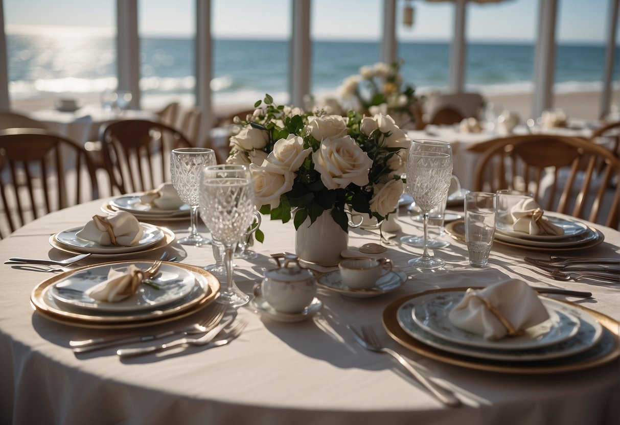 A table set with elegant dinnerware and a view of the ocean through large windows at Congress Hall in Cape May, NJ